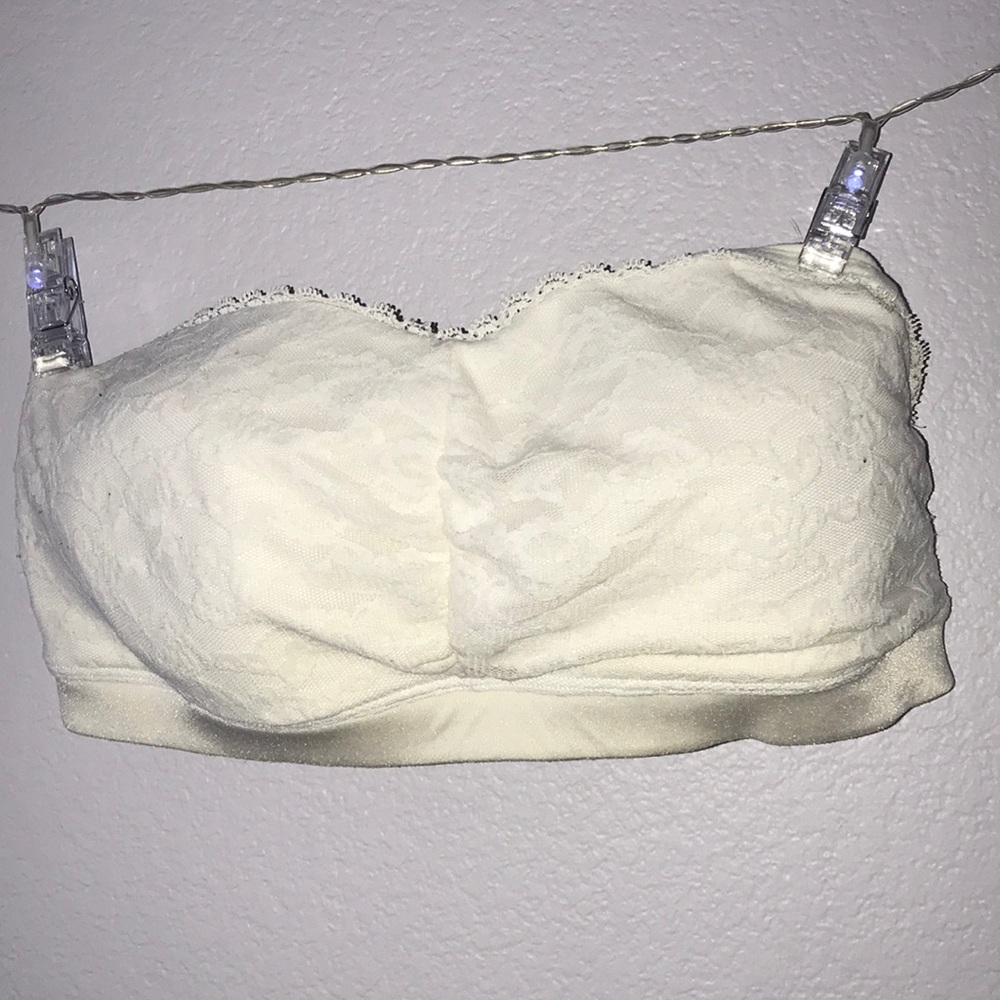 Strapless white lace bra